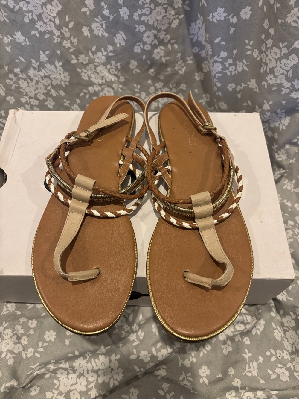 Aldo Tan and Cream Braided T-Strap Sandals